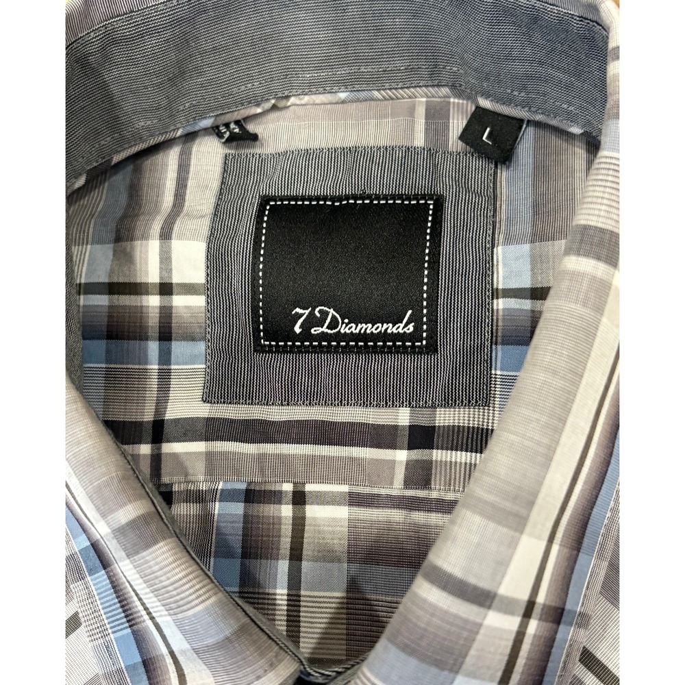 7 Diamonds Plaid Pearl Snap Button Up Shirt Mens‎ Large Grey Blue Short Sleeve - Picture 4 of 11